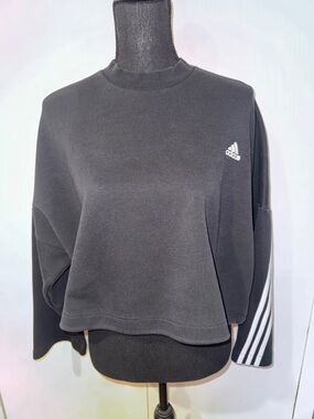 adidas Black Cropped Crew Sweatshirt with Three-Stripe Sleeve